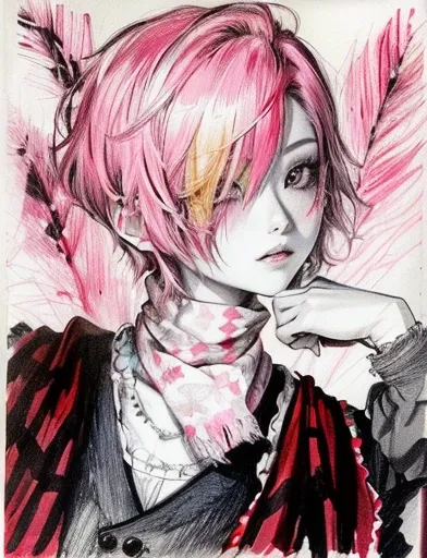 drawing of a woman with pink hair and a red scarf, inspired by Louis Grell, baroque visual kei decora art, inspired by Manabu Mabe, pencil and ink manga drawing, inspired by Yukihiko Yasuda, inspired by Yamagata Hiro, inspired by Awataguchi Takamitsu, insp...