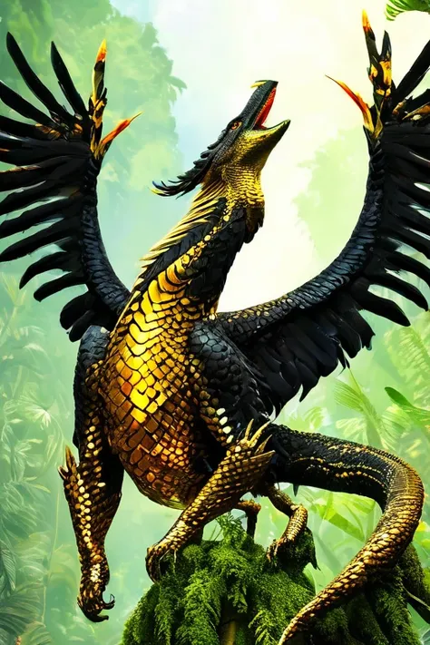 feather winged flying serpent, golden scales, sharp fangs, molten gold eyes, ((looming above a rainforest)), highly detailed, ci...