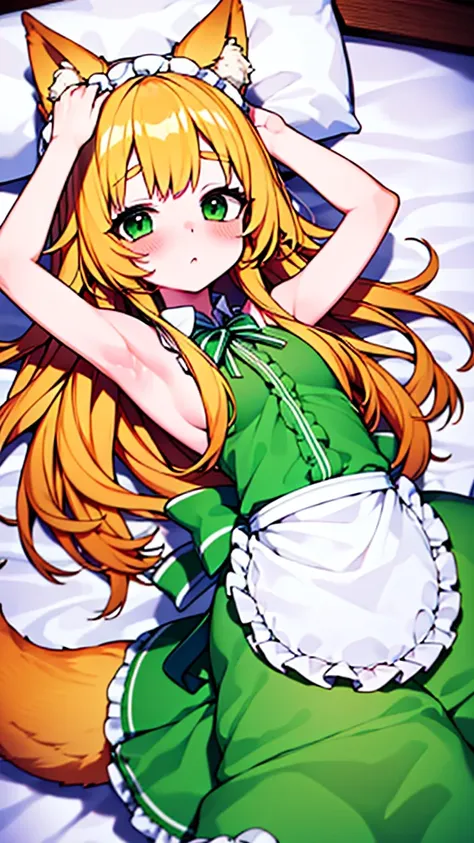 nsfw, 1girl, ((Chiffon from maimai, cosplay)), sleeveless, topless, blonde, Cat ears, green eyes, fox tale, blush, nose blush, lying on bed, arms up, spread legs, (Green maid outfit, Cream white apron),  (best quality, masterpiece,)