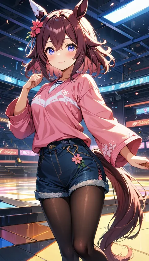 ((8k, highest quality, master piece: 1.2, super detailed, super high resolution, super detailed)), 1 girl, Sakura Chiyono (umamusume), (smile: 1.6), bbchiyo, horse ears, medium hair , hair between the eyes, bangs, hair flower, (pink sweater, short sleeves)...