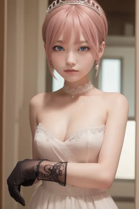 ichikanakano, ichika nakano, short hair, bangs, blue eyes, hair between eyes, pink hair, earrings,
BREAK gloves, dress, cleavage, bare shoulders, collarbone, elbow gloves, white gloves, strapless, tiara, 
BREAK indoors, church,all nude、
BREAK looking at vi...