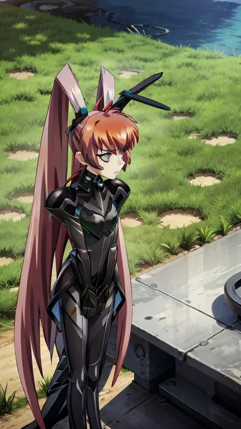 1girl ,20s,angry face,bodysuit, military base,(red hair),long hair,fox ears,grass