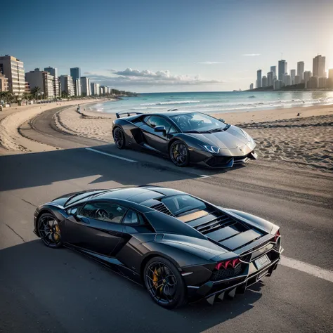 An image of a Lamborghini on the beach, on the street near a beach, with the buildings behind the Lamborghini facing the front of the photo and the photo