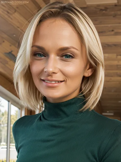 High detial Blonde Ivana Sugar wearing a dark green ribbed turtleneck top