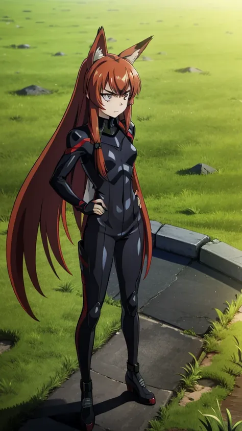 1girl ,20s,angry face,bodysuit, military base,(red hair),long hair,fox ears,grass