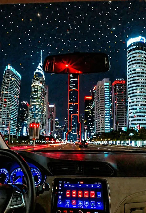 A beautiful night view seen through the windshield of a car. The city is filled with shining neon lights and tall skyscrapers. The road is illuminated by the red tail lights of cars, with reflections on the windshield. A few stars are visible in the night ...