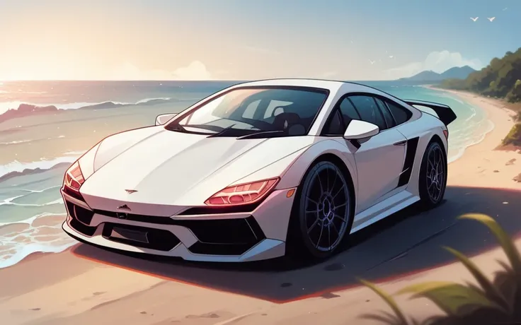 An image of a Lamborghini on the beach, on the street near a beach, with the buildings behind the Lamborghini facing the front of the photo and the photo can place a person in realistic photo is propped up Lamborghini 