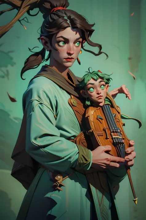 human male bard with dark hair very short on the side and green eyes. wears earrings. play a violin. surrounded by magical danci...