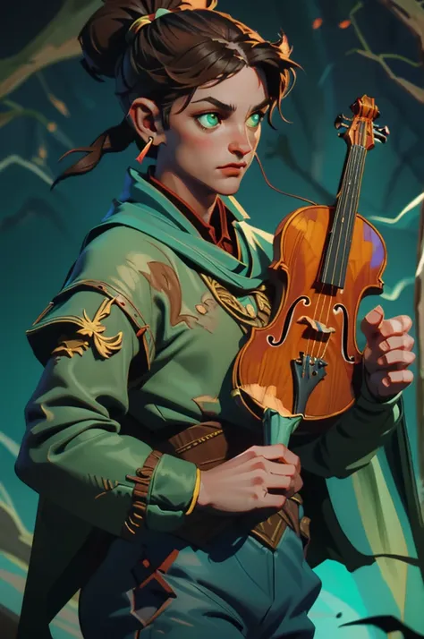 human male bard with dark hair very short on the side and green eyes. wears earrings. play a violin. surrounded by magical danci...