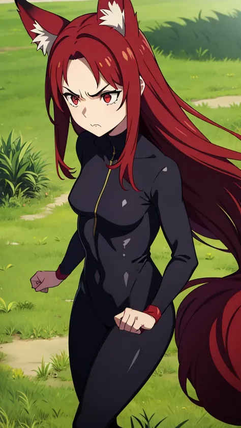 1girl ,20s,angry face,black bodysuit,(red hair),long hair,fox ears,grass