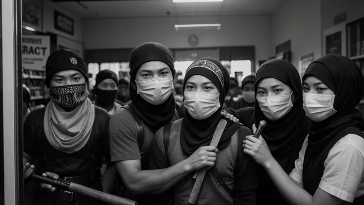 1930s, monochrome photography, A group of terrorists in Southeast Asia, have a hammer, (break a store window), mouth and nose covered with a black bandana, 32K, Best quality, Masterpiece, super detail, High Details,