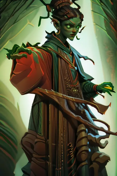 human male bard with dark hair very short on the side and green eyes. wears earrings. play a violin. surrounded by magical danci...