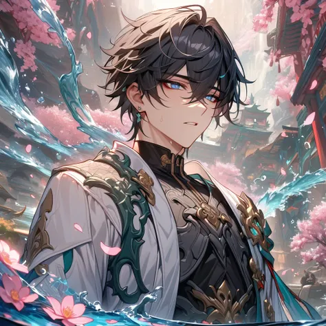 absurdres, highres, ultra detailed, HDR, master piece, best quality, Dan Heng, black hair, expressive blue eyes, Honkai Star Rail, solo, sexy man, handsome, black clothes, white coat, water, magic, blossoms, pink flowers, pink petals, fantasy, radiant