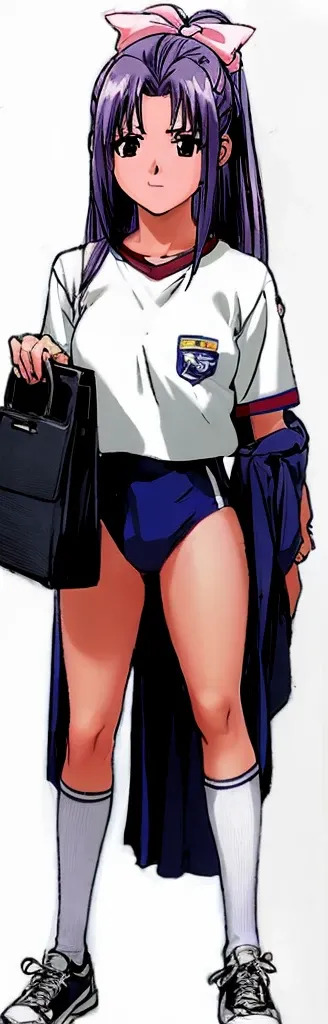 Momoko Koigakubo, a tall girl with beautiful legs, is standing with her legs spread to the sides in a white gym uniform and light navy blue bloomers that look like panties.。Oblique angle。