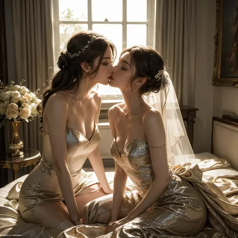 (masterpiece, highest quality, official art, beauty and aesthetic), two stunning bride is deeply in love with each other, kiss