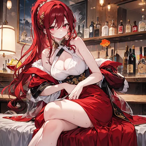 Anime style painting, An illustration, liquor, Woman sitting at a bar drinking a cocktail, 背景の棚には多彩な色のliquor瓶が並んでいる, Quiet bar, Calm expression, Perfect hands, elder, Red Hair, The dignity of a 50-year-old, ほろ酔いのwoman, solo、(Highly detailed background:1.0)...