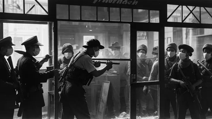 1930s, monochrome photography, A group of terrorists in Southeast Asia, have a hammer, (break a store window), mouth and nose covered with a black bandana, 32K, Best quality, Masterpiece, super detail, High Details,