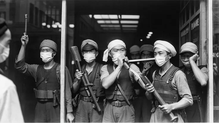 1930s, monochrome photography, A group of terrorists in Southeast Asia, have a hammer, (break a store window), mouth and nose covered with a black bandana, 32K, Best quality, Masterpiece, super detail, High Details,