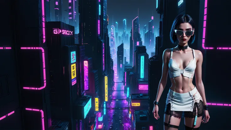 (((1woman, solo))), rainbow light, 3d neon art of a womans body, cyberpunk femme fatale, seductive cyberpunk dark fantasy, cyberpunk 20 y. o large-breast:1.2 model girl, (((with black miniskirt and white lace panty, with matrix style black micro sunglasses...