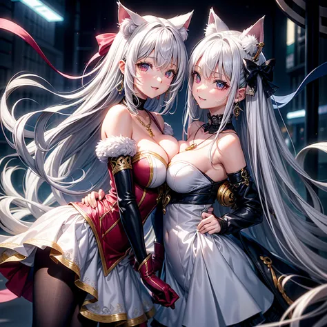 Silver hair, pink eyes, body, cat ears, sexy girl, earrings, fantasy background, hair bows, mitsuri, dress, bells necklace, pet cats, animals, happy face