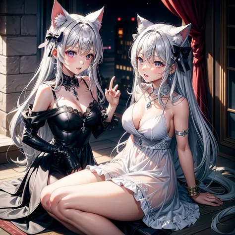 Silver hair, pink eyes, body, cat ears, sexy girl, earrings, fantasy background, hair bows, mitsuri, dress, bells necklace, pet cats, animals, happy face