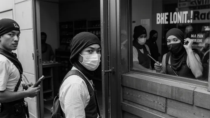 1930s, monochrome photography, A group of terrorists in Southeast Asia, have a hammer, (break a store window), mouth and nose covered with a black bandana, 32K, Best quality, Masterpiece, super detail, High Details,