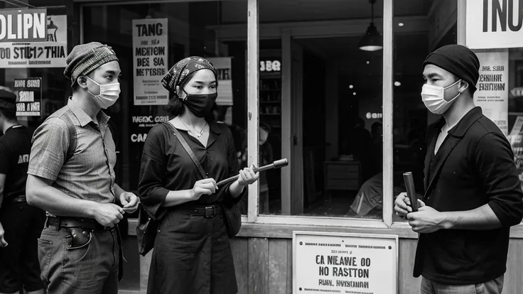 1930s, monochrome photography, A group of terrorists in Southeast Asia, have a hammer, (break a store window), mouth and nose covered with a black bandana, 32K, Best quality, Masterpiece, super detail, High Details,