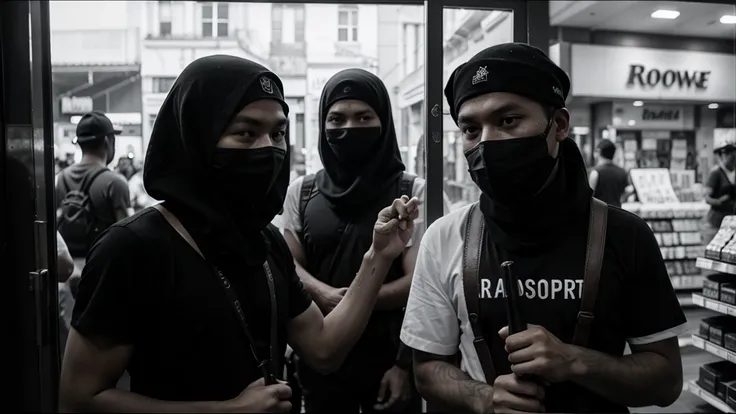 1930s, monochrome photography, A group of terrorists in Southeast Asia, have a hammer, (break a store window), mouth and nose covered with a black bandana, 32K, Best quality, Masterpiece, super detail, High Details,