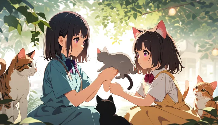 girl with a cat on a panoramic wide background, Cute, Kittens, play, USA, anime style background, youthful energy, Солнечный лучик filtering through the trees, warm and inviting, cheerful, peaceful, amazing, a magical moment [art:1.1], Striking illustratio...