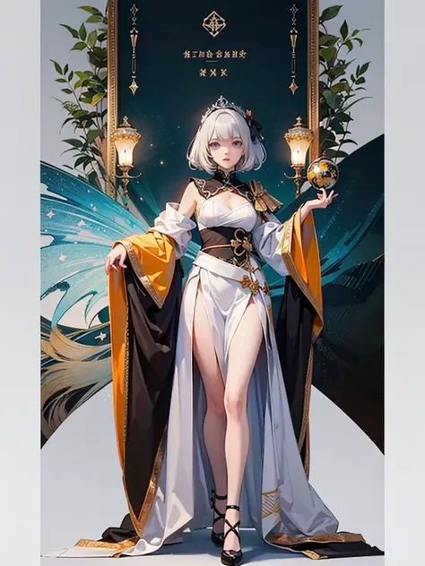 ((masterpiece)), (Highest quality))), (Character design sheet, National costume, same characters, front, ~ side, return), figure, 1 girl, whole body, Silver Hair, eyes hair, Beautiful Eyes, Princess Cut, Environmental change scene, Short skirt, Shyness, wo...