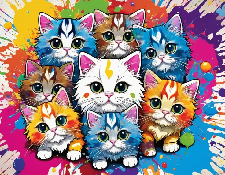 Takashi Murakami style, Colorful illustration with lots of cute Persian kittens, In the center, Vibrant colors, Paint splatters and stains, High Detail,Hawaiian style background