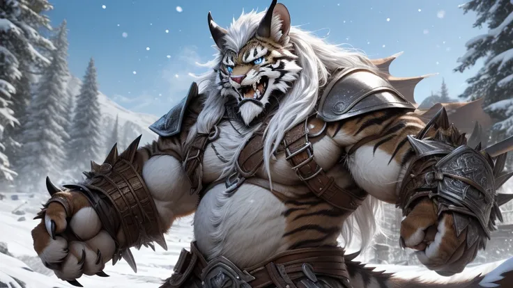 head、Animal cat face、A pair of dragon horns，Full body of fluffy white hair、Heavy breathing、Gnashing of teeth,Serious expression,Fluffy belly、Leather Armor，Viking style，wildcat、blue eyes，(contour）Full body covered with long white hair、Hairy body、Long and th...