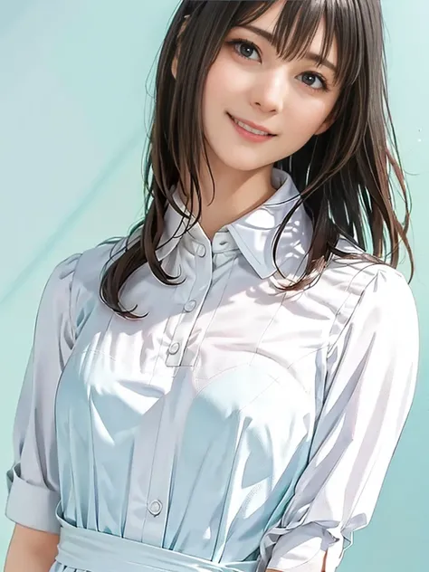 raw photo, 1girl, medium breast, collared blouse, White blouse、light smile, detailed skin, pore, simple background, anatomically correct、Upper body、White blouse、, photorealistic, masterpiece, best quality, UHD