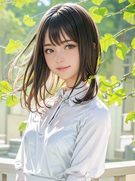 raw photo, 1girl, medium breast, collared blouse, White blouse、light smile, detailed skin, pore, simple background, anatomically correct、Upper body、White blouse、, photorealistic, masterpiece, best quality, UHD