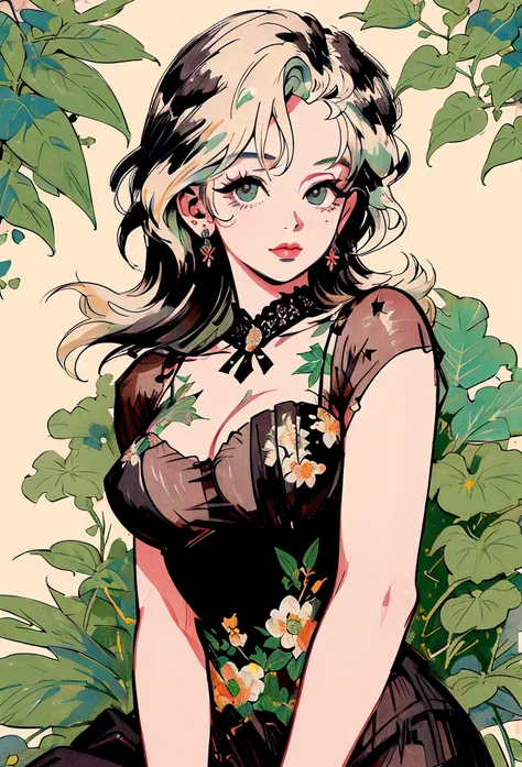 Marilyn Monroe, Vintage Style , Ultra-detailed botanical references, Line Designer, Digital Illustration, Heavy ink, Maximalist Botany, beautifully、Aesthetically beautiful illustration masterpiece, Topaz AI Post Editing