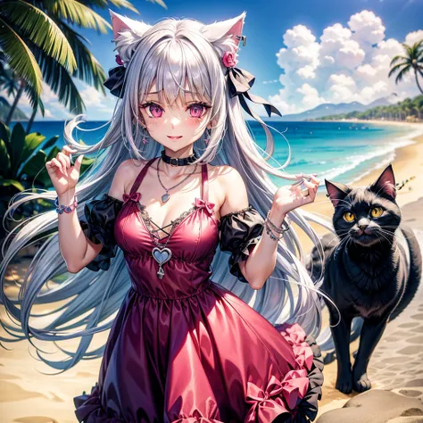 Silver hair, pink eyes, body, cat ears, sexy girl, earrings, beach background, hair bows, mitsuri, dress, bells necklace, pet cats, animals, happy face