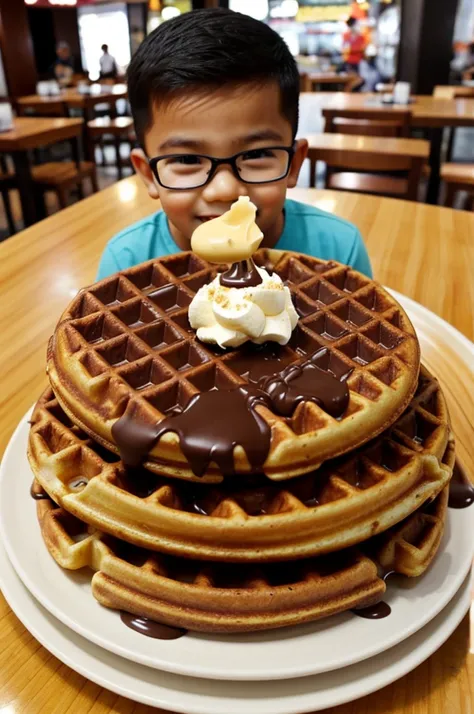 Malay Boy bite big waffle with chocolate flavour in the waffle 