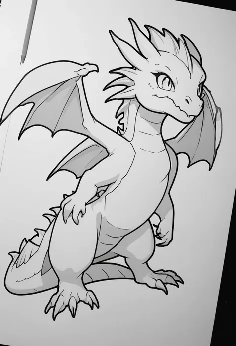 a dragon kawii, outline black and white 