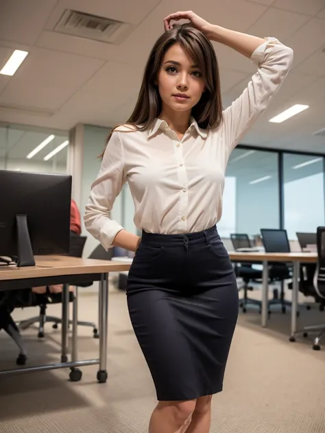 (wavy brunette perfect body Supermodel), wearing (black pencil skirt and white shirt), pose with a slight smile, feminine fit detailed body and face and skin pores, highly detailed expressive, space above head, depth of field, skin details, office lights, ...