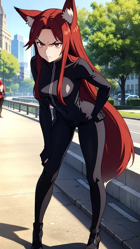 1girl ,20s,angry face,black bodysuit,(red hair),long hair,fox ears,leaning forward, adjusting hair, sunny, park, sidewalk,