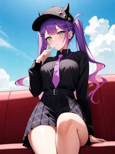 (day:1.7), sky background,a blue sky and clouds,
sitting at attention,sitting on couch,
purple necktie, black shirt, collared shirt, long sleeves, black skirt, plaid skirt,
aatowa, long hair, twintails, black headwear, baseball cap, fake horns, hairclip, p...