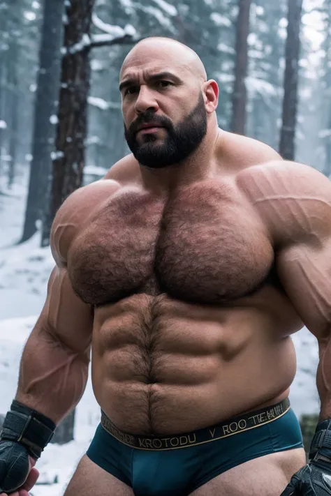 Hyperrealistic Very Realistic 8K Resolution Very Realistic Best Ultra High Definition resolution Very Realistic Photorealistic picture of a realistic bearded hairy Bald Kratos man in the snow, handsome stocky black, man with on, God of War Ragnarok Kratos,...