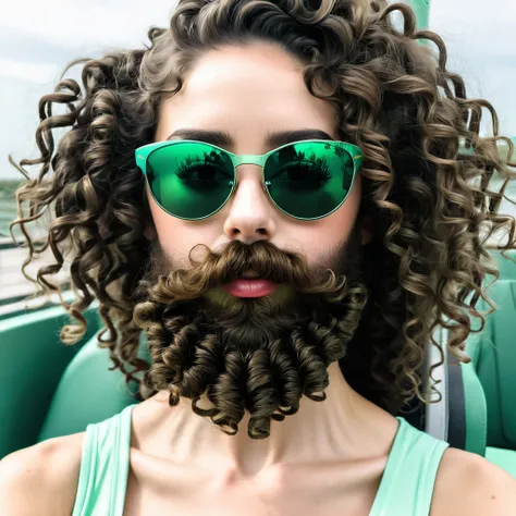 
woman with huge curly beard, tied up brown hair, anorexic, green tinted sunglasses