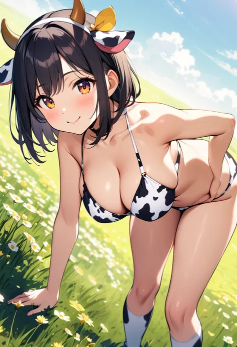 1 girl, black short hair, large breasts, cow ears, smile, print bikini, cow print bra, cow print panty, leaning forward, meadow