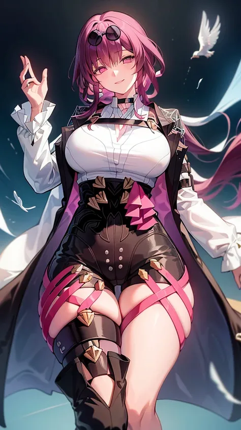 ((masterpiece)),((Highest quality)),High resolution,Extremely detailed CG,Perfect lighting,8k wallpaper, One Girl,Purple Hair,Very long hair、Very large breasts、Very big ass、Very thick legs、Smiling、Shorts、tights