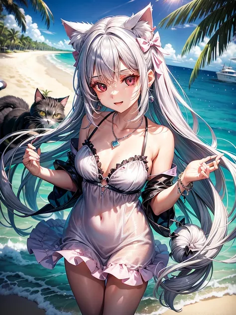 Silver hair, pink eyes, body, cat ears, sexy girl, earrings, beach background, hair bows, mitsuri, dress, bells necklace, pet cats, animals, happy face