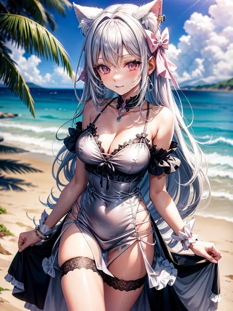 Silver hair, pink eyes, body, cat ears, sexy girl, earrings, beach background, hair bows, mitsuri, dress, bells necklace, pet cats, animals, happy face