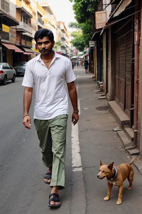 A indian man walking and a street dog follow him