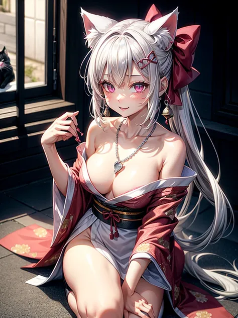 Silver hair, pink eyes, body, cat ears, sexy girl, earrings, background, hair bows, mitsuri, red kimono, bells necklace, cat on ground, happy face