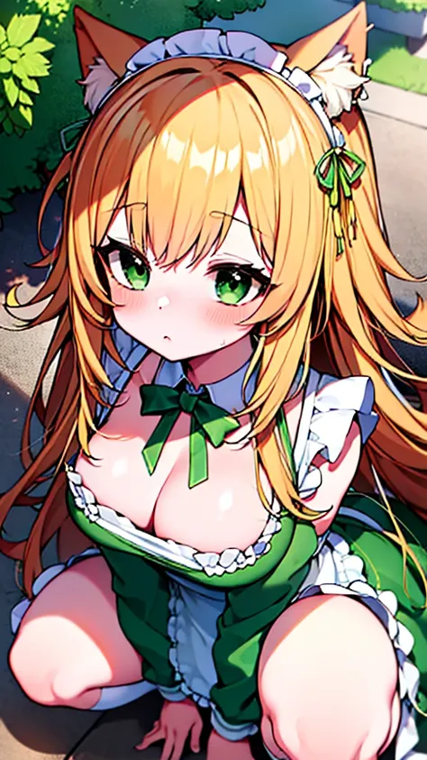 nsfw, 1girl, ((Chiffon from maimai, cosplay)), from above, sleeveless, blonde, Cat ears, green eyes, fox tale, blush, nose blush, squatting, (pee, peeing), outdoors, (Green maid outfit, Cream white apron),  (best quality, masterpiece,)